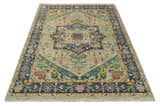 Custom Made Antique look Hand Knotted Camel, Teal and Charcoal Traditional Heriz Serapi Wool Rug