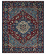 Antique look Maroon and Blue Hand Tufted Traditional Heriz Medallion Multi Size wool Area Rug