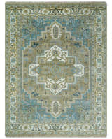 Antique Olive, Blue and Ivory Heriz Serapi Multi Size Wool Area Rug
