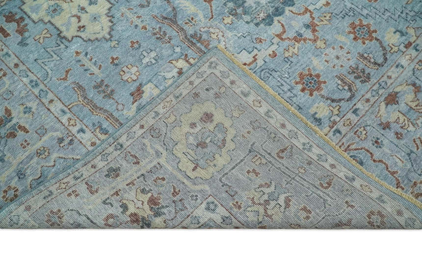 Antique Distressed finished Aqua, Beige and Brown Hand Knotted Low Pile Wool Area Rug