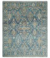 Custom Made Antique Hand Knotted Blue and Beige Traditional Oushak Wool Area Rug