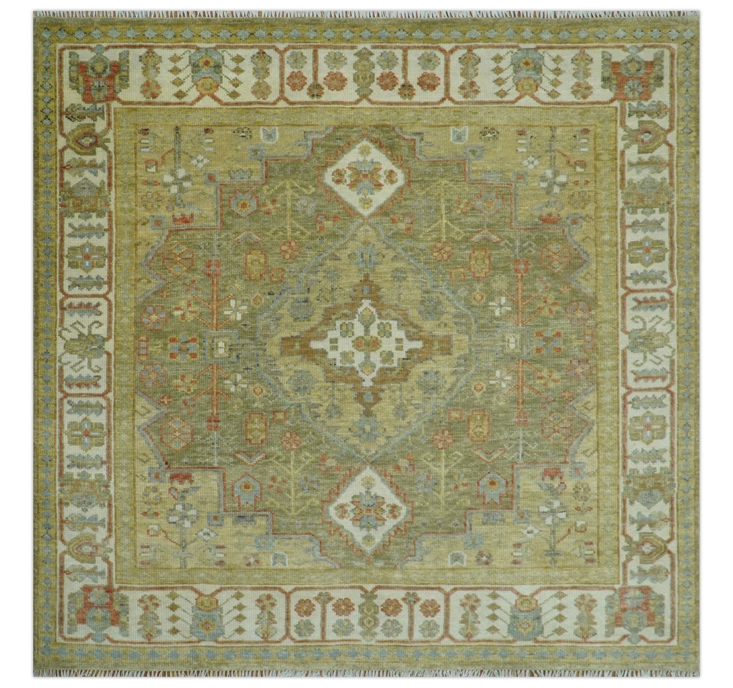 Antique Look Hand Knotted Medallion Olive and Ivory Vintage Style Wool Rug