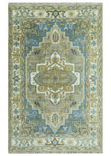 Antique Olive, Blue and Ivory Heriz Serapi Multi Size Wool Area Rug