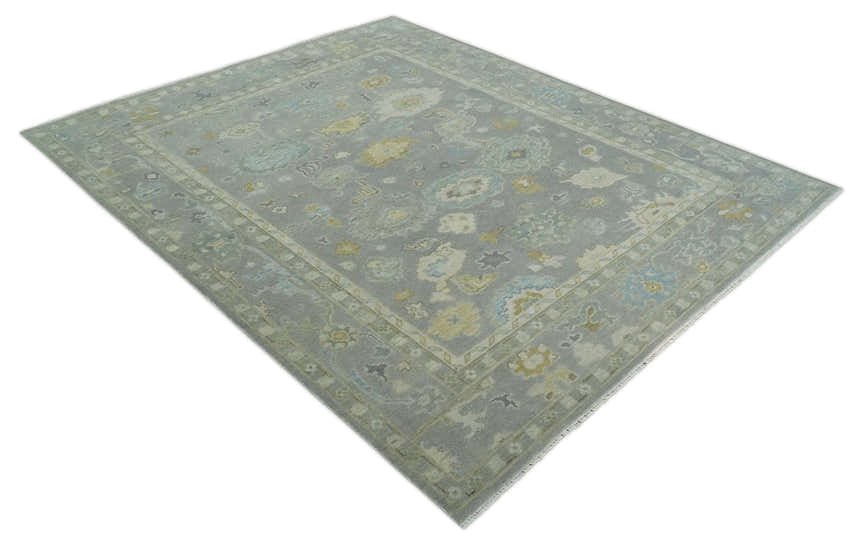 Antique Silver Hand Knotted Oushak Wool Area Rug
