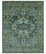 Antique Style Hand Knotted Teal, Gray and Green Traditional multi Size wool rug
