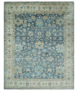 Antique Teal Blue Custom Made Hand Knotted Oriental Oushak Ivory and Beige Wool Area Rug
