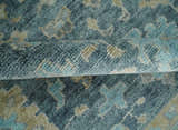 Antique Teal Blue Custom Made Hand Knotted Oriental Oushak Ivory and Beige Wool Area Rug