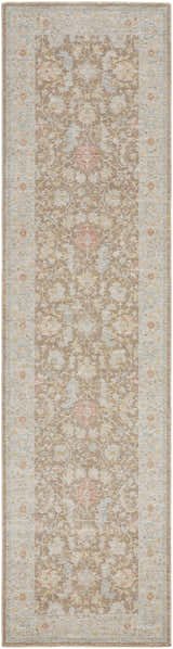 Close-up of the Atli Thick Luxe Area Rug. Traditional floral pattern in amber, taupe, dusty pink, and light olive. Machine woven texture. Design-Runner-2710