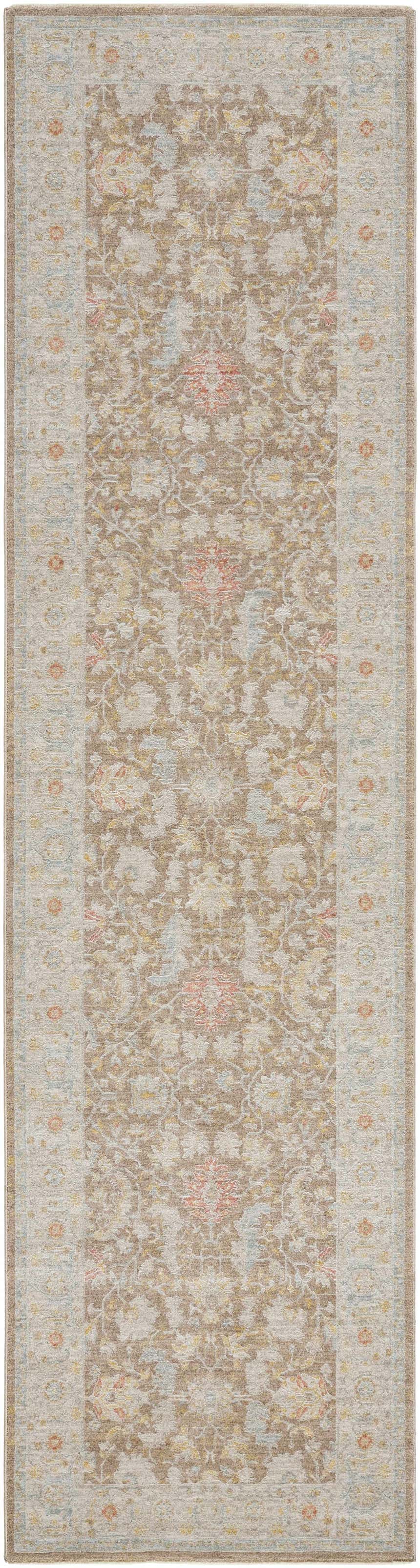 Close-up of the Atli Thick Luxe Area Rug. Traditional floral pattern in amber, taupe, dusty pink, and light olive. Machine woven texture. Design-Runner-2710