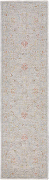 Close-up of the Awena Thick Luxe Area Rug. Traditional floral pattern in amber, dusty pink, and gray on a taupe background. Design-Runner-2710