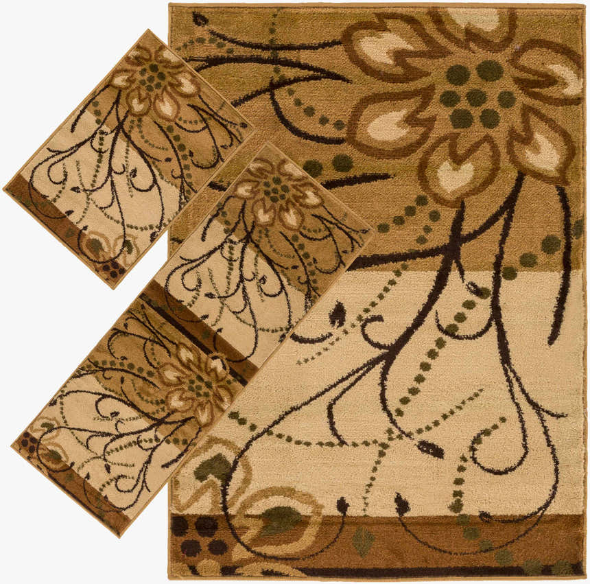 Close-up of the Anavia Area Rug. Contemporary style rug in dark bronze, dark brown, and light wood tones with floral pattern. Design-Custom