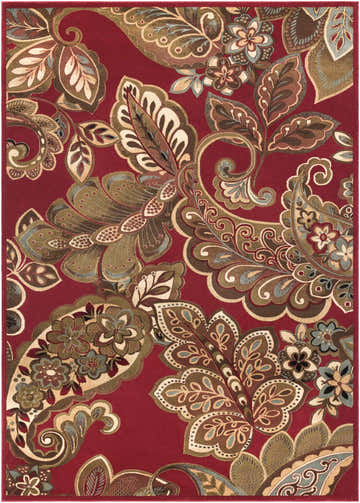Close-up of the Beedeville Red Floral Rug. Features a traditional floral and paisley pattern in red, brown, and olive tones. Design-Rectangle-71010