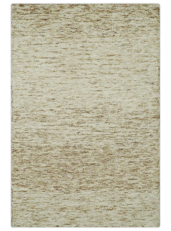 Beige and Ivory Shaded Solid Wool Hand Woven Multi Size Rug
