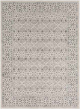 Close-up of Sattley Area Rug. Beige rug with charcoal, floral-inspired, geometric pattern and traditional border. Design-Rectangle-5373