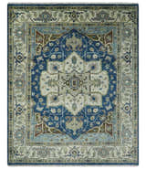 Antique look Blue, Ivory and Olive Traditional Heriz Medallion Multi Size wool Area Rug