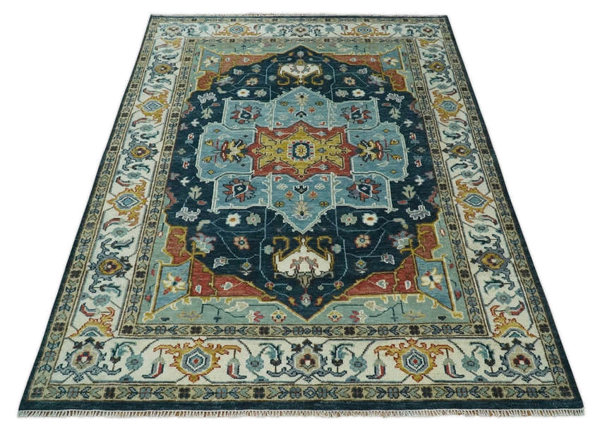 Custom Made Blue and Ivory Hand Knotted Modern Turkish Medallion Design Wool Area Rug
