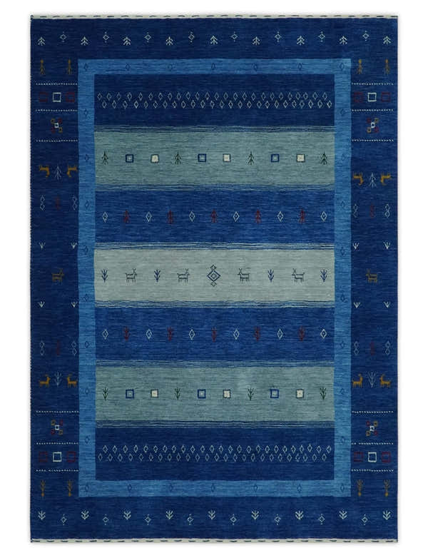 Blue, Gray and Silver Stripes design Tribal Gabbeh Traditional Custom Made Wool Area Rug