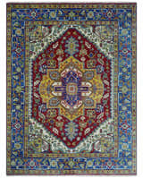 Blue, Maroon and Gold Hand Knotted Traditional Heriz Serapi Multi size Wool Area Rug