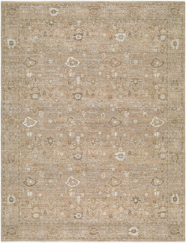 Close-up of the Penny Machine Woven Becki Owens x LIVABLISS area rug. Features traditional floral patterns in ivory, tan, and gray. Design-Rectangle-679