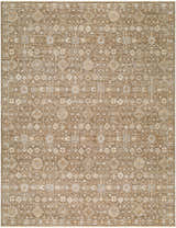 Close-up of the Penny Machine Woven Becki Owens x LIVABLISS rug. Features traditional floral and geometric patterns in ivory, tan, and gray. Design-Rectangle-679
