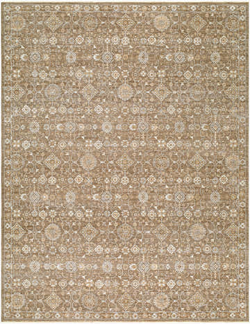 Close-up of the Penny Machine Woven Becki Owens x LIVABLISS rug. Features traditional floral and geometric patterns in ivory, tan, and gray. Design-Rectangle-679