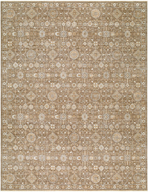Close-up of the Penny Machine Woven Becki Owens x LIVABLISS rug. Features traditional floral and geometric patterns in ivory, tan, and gray. Design-Rectangle-679