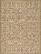 Close-up of Penny Machine Woven Becki Owens x LIVABLISS BOPE-2304 Area Rug. Tan rug with ivory traditional floral pattern. Design-Rectangle-679