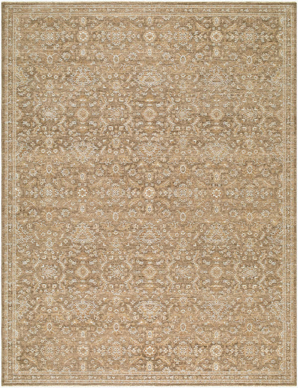 Close-up of Penny Machine Woven Becki Owens x LIVABLISS BOPE-2304 Area Rug. Tan rug with ivory traditional floral pattern. Design-Rectangle-679
