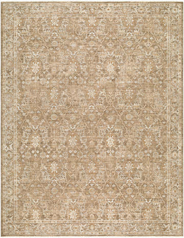 Close-up of Penny Machine Woven Becki Owens x LIVABLISS BOPE-2306 Area Rug. Tan rug with ivory traditional floral pattern. Design-Rectangle-679