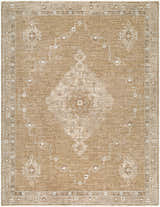 Close-up of Penny Machine Woven Becki Owens x LIVABLISS rug. Tan rug with ivory geometric medallion and border design. Design-Rectangle-679