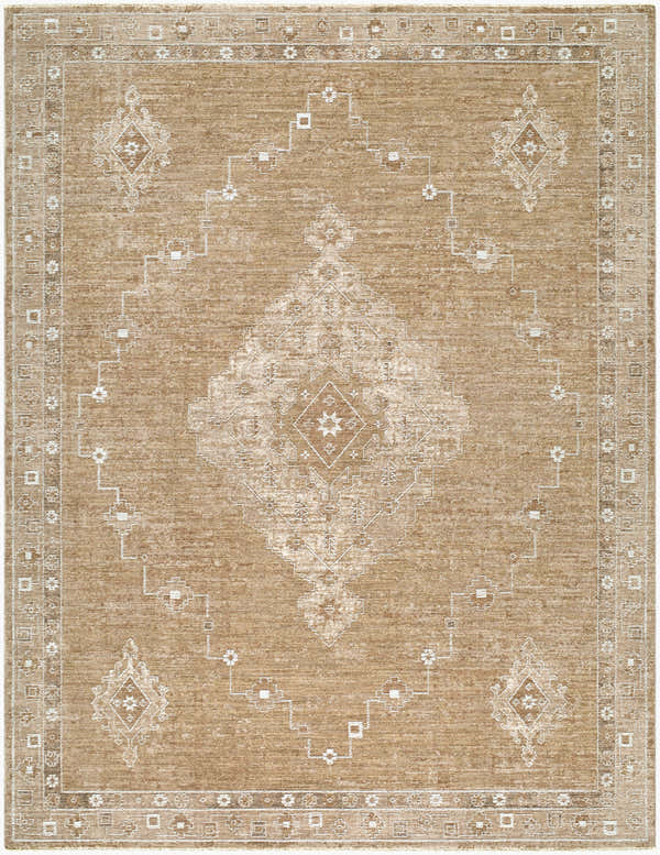 Close-up of Penny Machine Woven Becki Owens x LIVABLISS rug. Tan rug with ivory geometric medallion and border design. Design-Rectangle-679