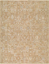 Close-up of Penny Machine Woven Becki Owens x LIVABLISS BOPE-2309 Area Rug. Tan rug with ivory traditional pattern. Design-Rectangle-679