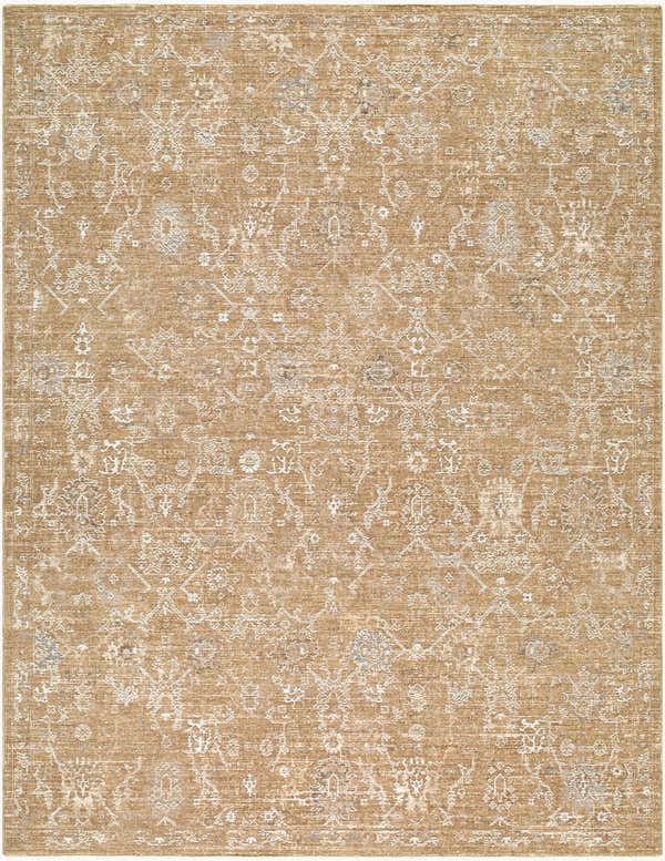 Close-up of Penny Machine Woven Becki Owens x LIVABLISS BOPE-2309 Area Rug. Tan rug with ivory traditional pattern. Design-Rectangle-679