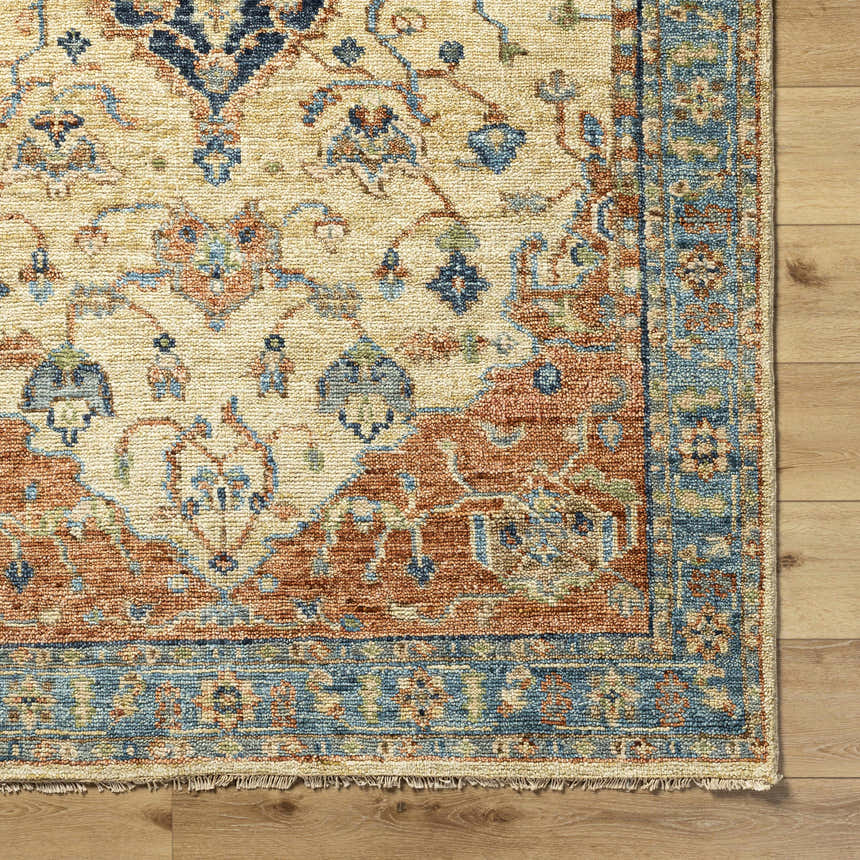 Bowlus Area Rug close-up. Hand-knotted wool rug with aqua, brick red, and ivory traditional pattern on wood floor. Corner