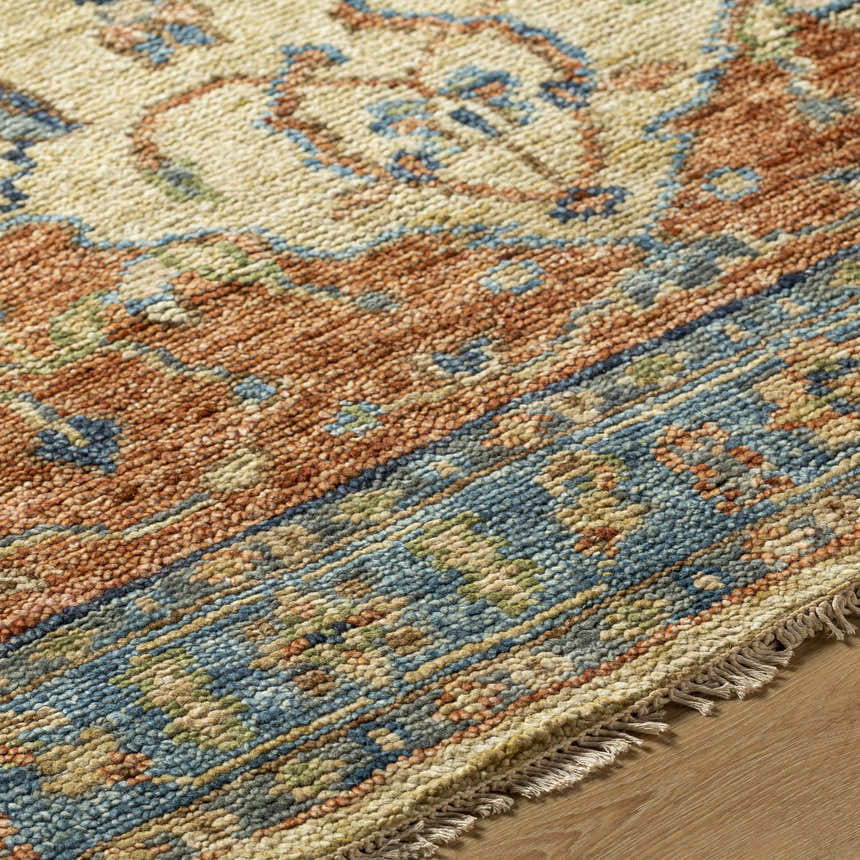 Close-up of the hand-knotted Bowlus Area Rug. Features aqua, brick red, and brown tones in a traditional pattern. Texture