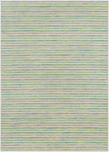 Close-up of the Greg Green Area Rug showing a striped pattern in blue, moss green, and natural gray. Design-Rectangle-517
