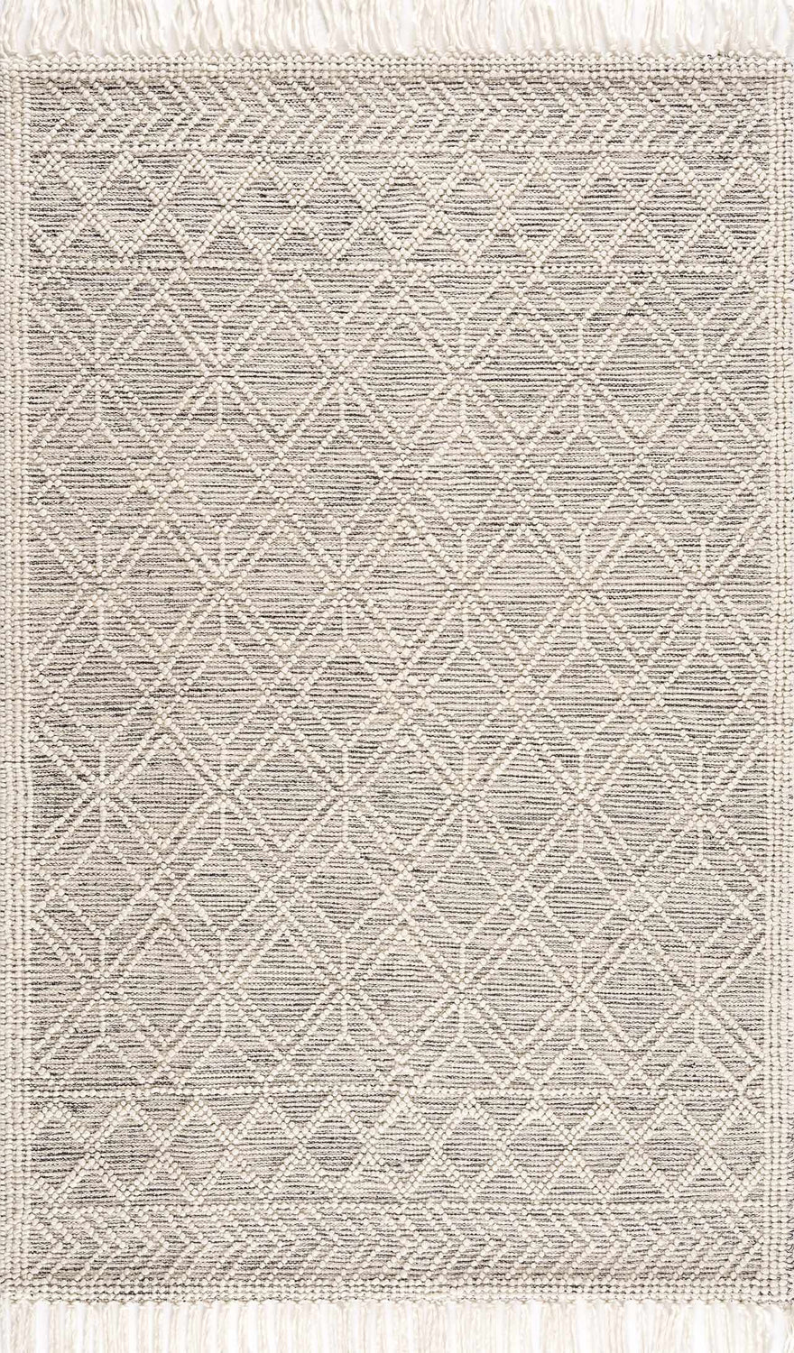 Close-up of the Ramsbury Wool Area Rug. Hand-woven rug with a geometric diamond pattern in black and ivory with fringed edges. Design-Rectangle-576