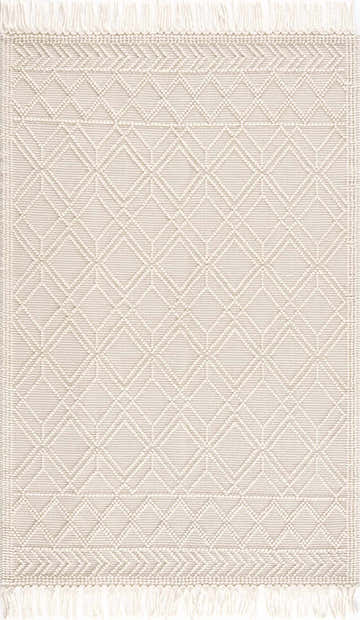 Close-up of the Ramsbury Beige Trellis Wool Rug, featuring a geometric diamond pattern and fringe detail. Ivory, light beige, and peach tones. Design-Rectangle-576