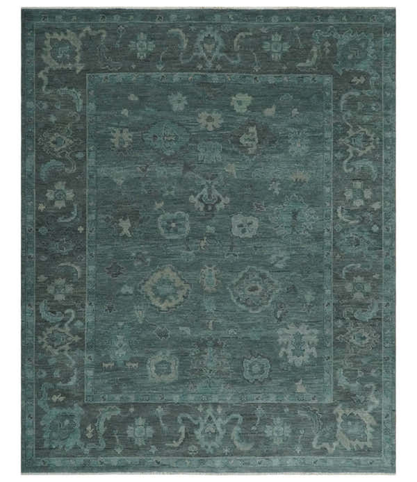 Custom Made Antique Style Blue and Charcoal Hand Knotted Oushak Wool Area Rug