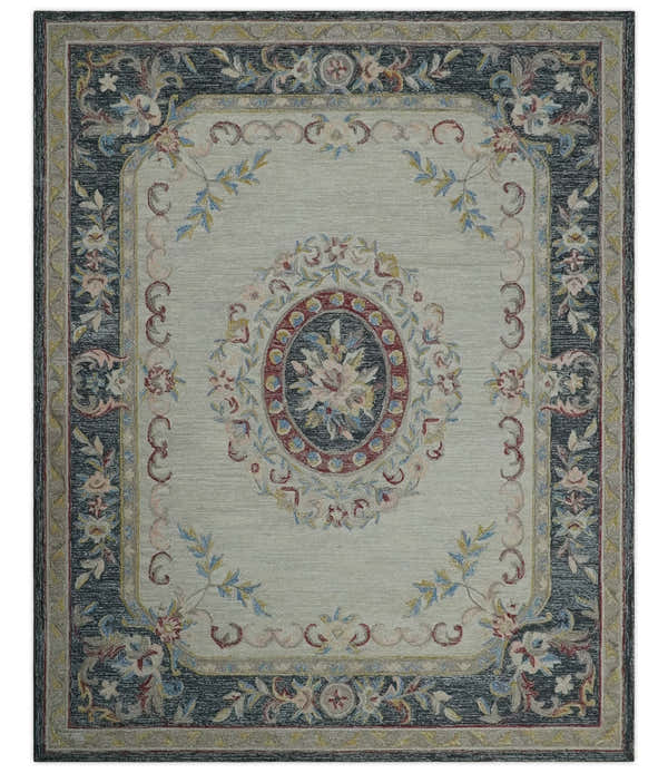 Custom Made Beige and Charcoal Aubusson French design Hand Tufted wool Area Rug