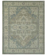 Custom Made Beige and Charcoal Traditional Heriz Medallion Hand Knotted wool Area Rug