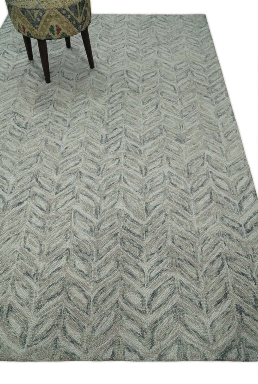 Custom Made Beige and Gray Leaf's Hand Tufted Modern Scandinavian Wool Loop Rug