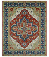 Custom Made Brown, Blue, Ivory and Olive Traditional Heriz Medallion Wool Area Rug