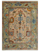 Custom Made Colorful Peach and Green Hand knotted Oushak wool Area Rug