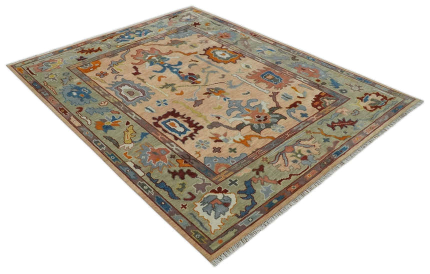 Custom Made Colorful Peach and Green Hand knotted Oushak wool Area Rug