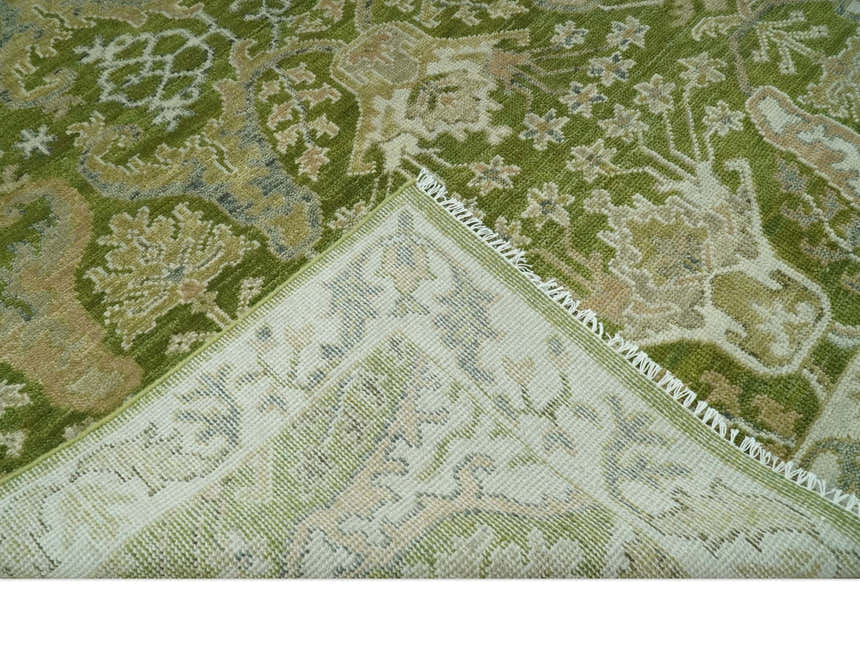 Custom Made Green and Ivory Traditional Dragon Oushak Design Hand knotted wool rug