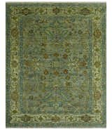 Custom Made Green Hand Knotted Antique Design Traditional Oushak wool area rug