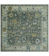 Custom Made Hand Knotted Charcoal and Ivory Traditional Oushak Wool Area Rug