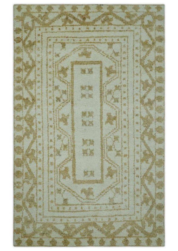 Custom Made Ivory and Olive Traditional Hand Knotted wool Area Rug