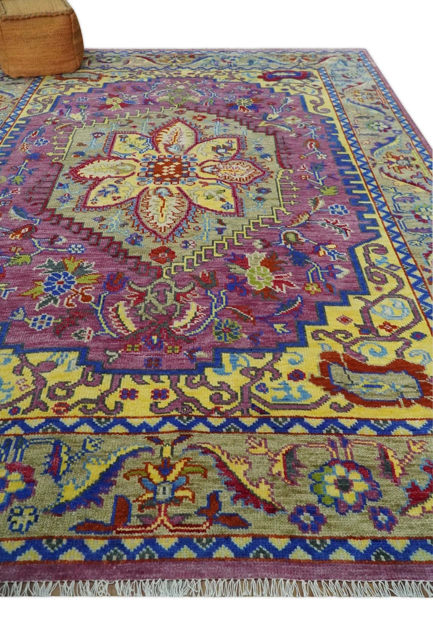 Custom Made Light Green and Purple Medallion Traditional Hand Knotted Wool Area Rug